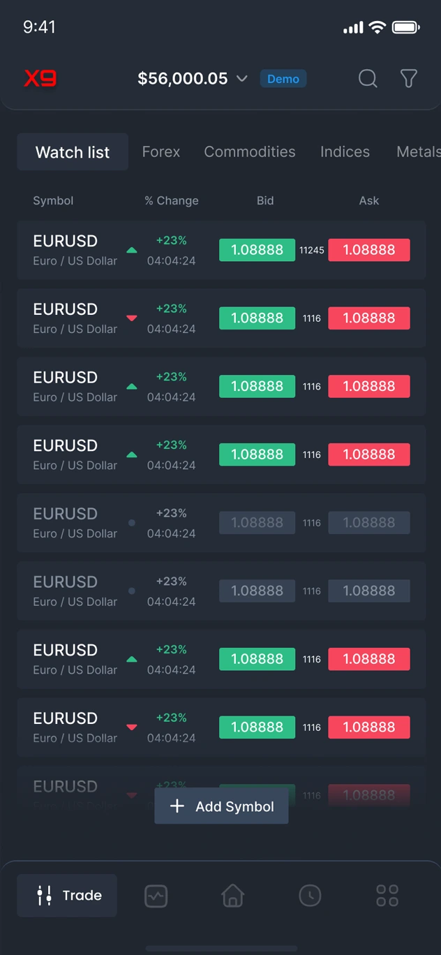 X9Trader Mobile App UI